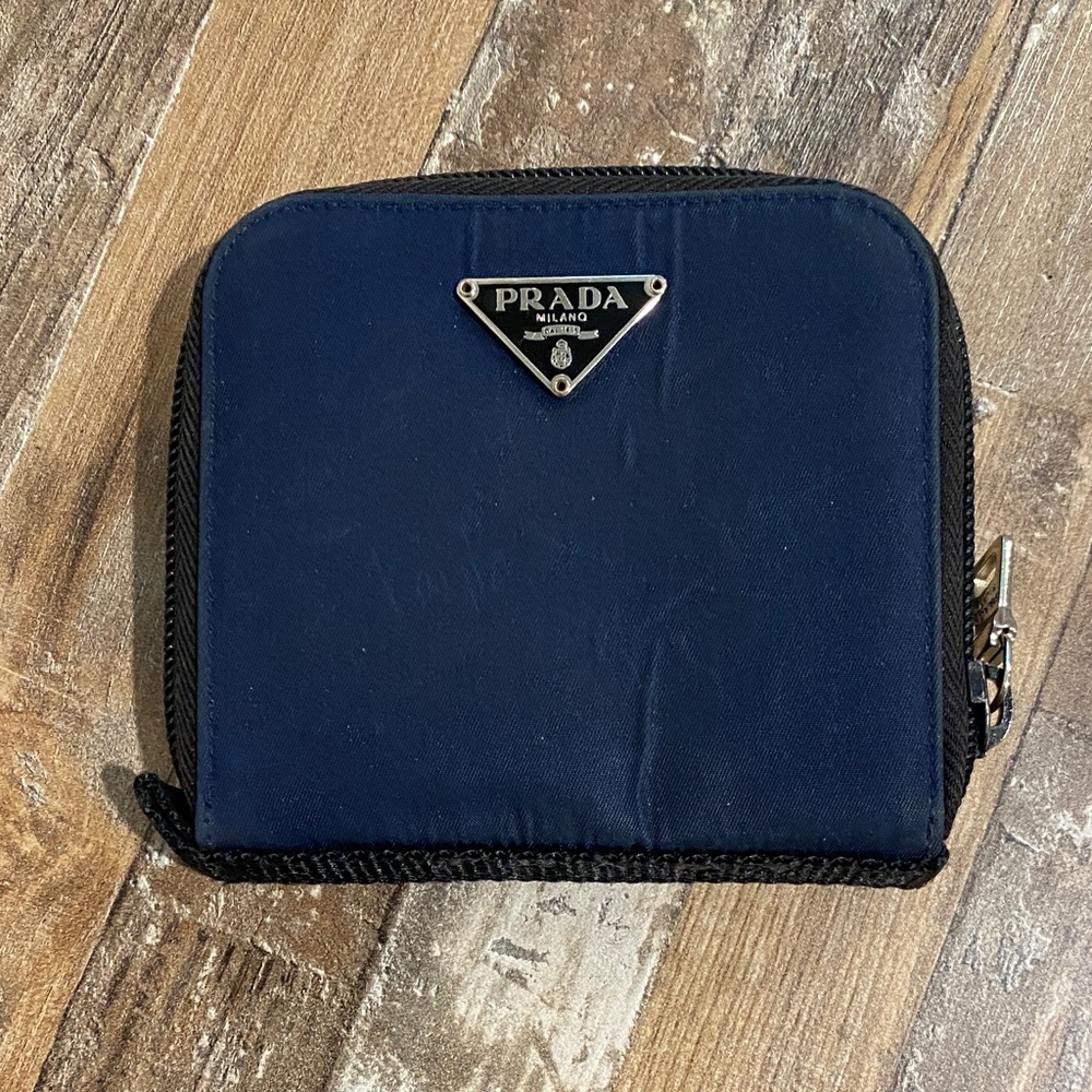 Prada Navy Zip-Around Compact Wallet with Triangle Logo